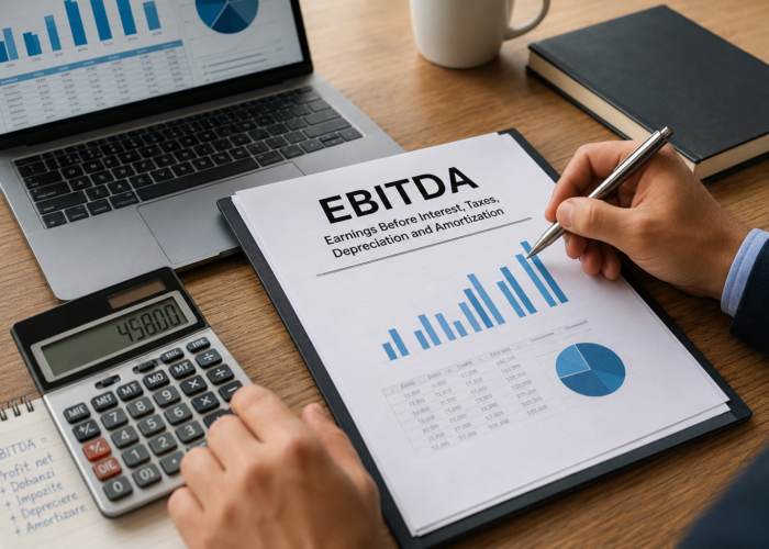 Raport EBITDA cu grafice financiare, laptop si calculator pe birou.