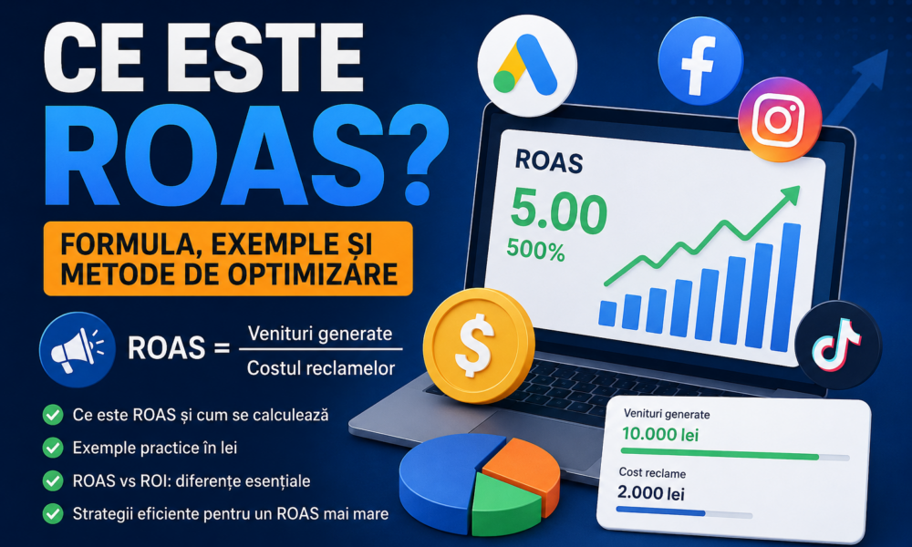 Infografic despre ce este ROAS, formula de calcul și exemple practice pentru măsurarea rentabilității campaniilor publicitare online.