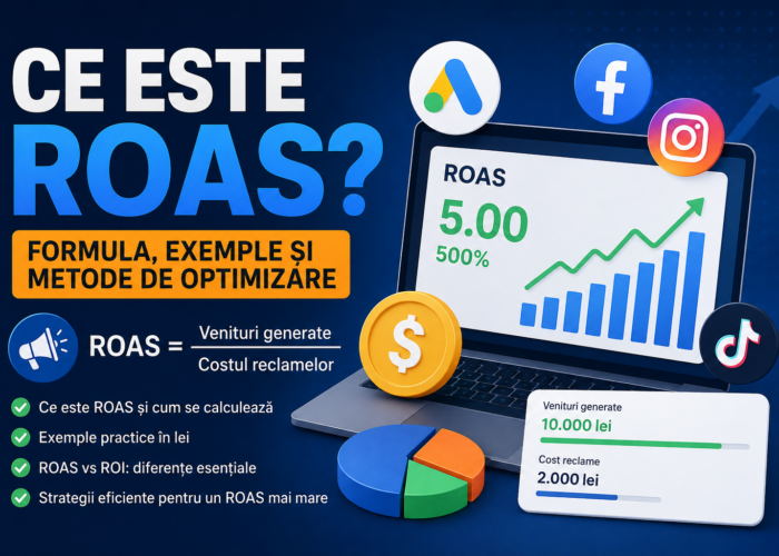 Infografic despre ce este ROAS, formula de calcul și exemple practice pentru măsurarea rentabilității campaniilor publicitare online.