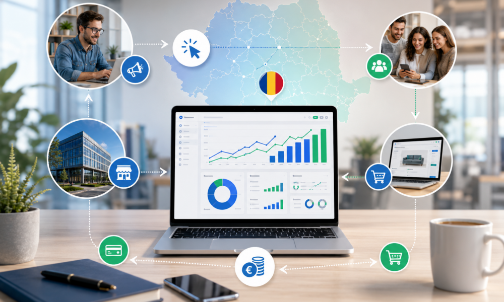 Imagine reprezentativă pentru marketing afiliat, cu laptop, analiză de date, clienți, magazin online și flux de comisioane în România.