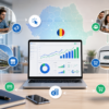 Imagine reprezentativă pentru marketing afiliat, cu laptop, analiză de date, clienți, magazin online și flux de comisioane în România.