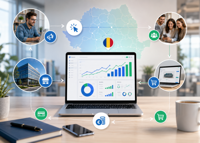 Imagine reprezentativă pentru marketing afiliat, cu laptop, analiză de date, clienți, magazin online și flux de comisioane în România.