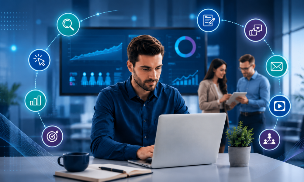 Tipuri de marketing digital reprezentate prin SEO, social media, content marketing, PPC, email marketing, video marketing și analytics.