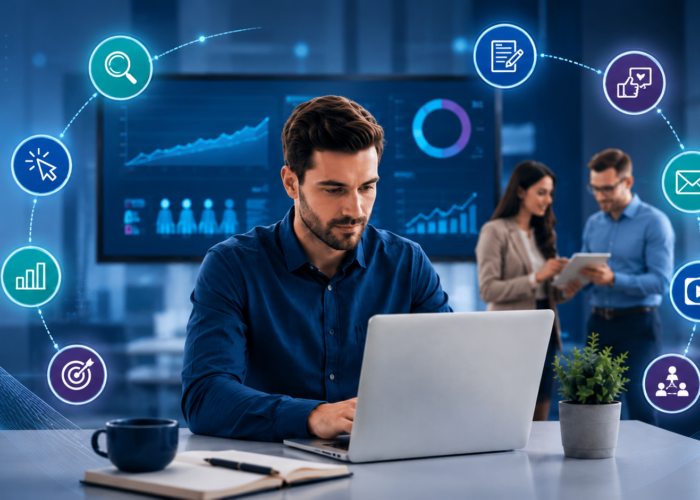 Tipuri de marketing digital reprezentate prin SEO, social media, content marketing, PPC, email marketing, video marketing și analytics.