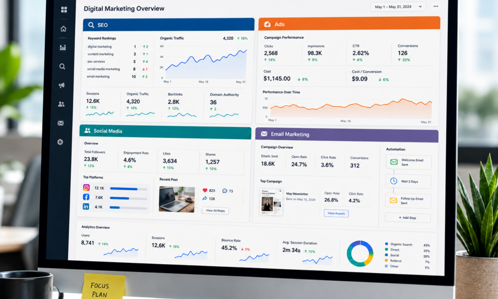 strategii de promovare online prin SEO Google Ads social media si email marketing